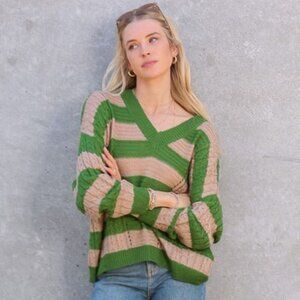 LUMIERE Green Tan Striped Knit Sweater, Oversized V-Neck Pullover, Cozy Fall
